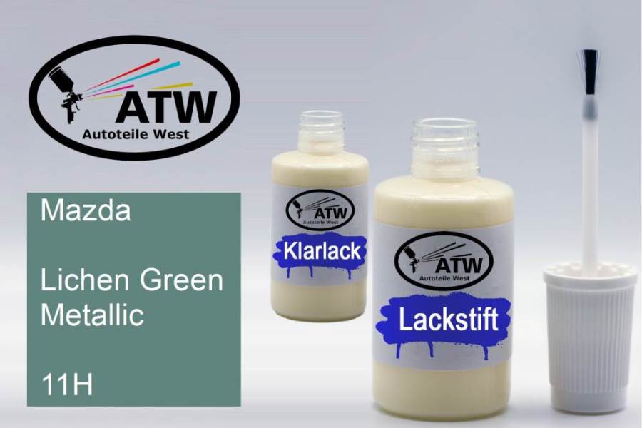 Mazda, Lichen Green Metallic, 11H: 20ml Lackstift + 20ml Klarlack - Set, von ATW Autoteile West.